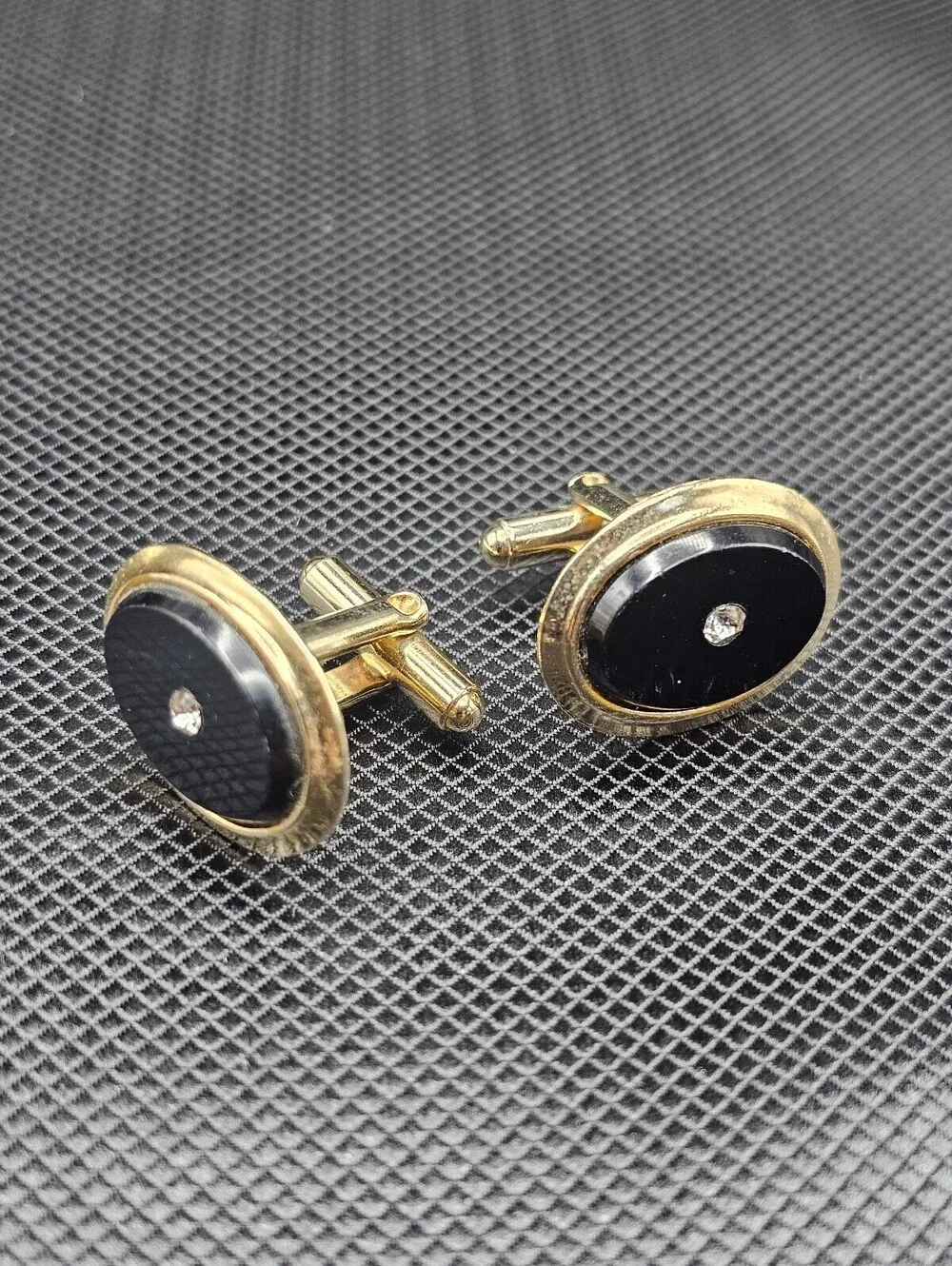 Vintage Gold Tone Black Oval Cufflinks with Clear Stone Accent